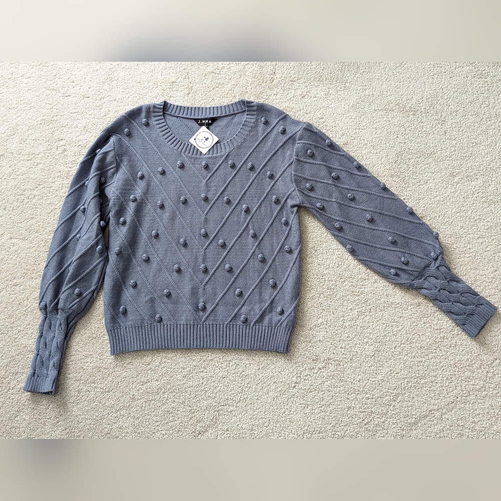 J.NNA grey blue sweater knit with pom poms and balloon sleeves M/L